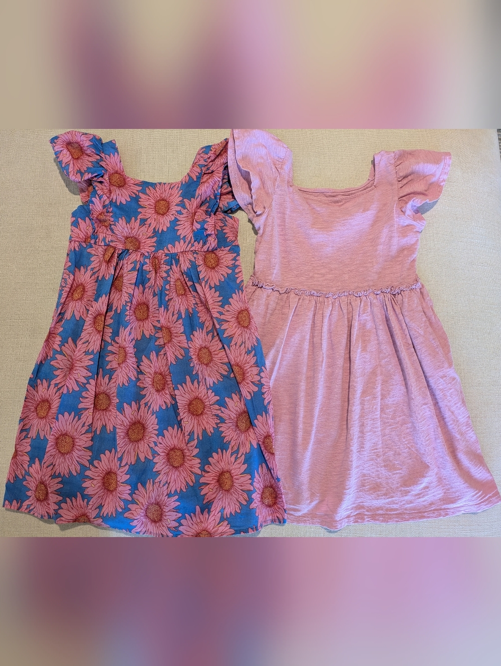 Girls Pink Sunflower Dress + Solid Pink Cotton Dress - Set Of 2 - Size 6